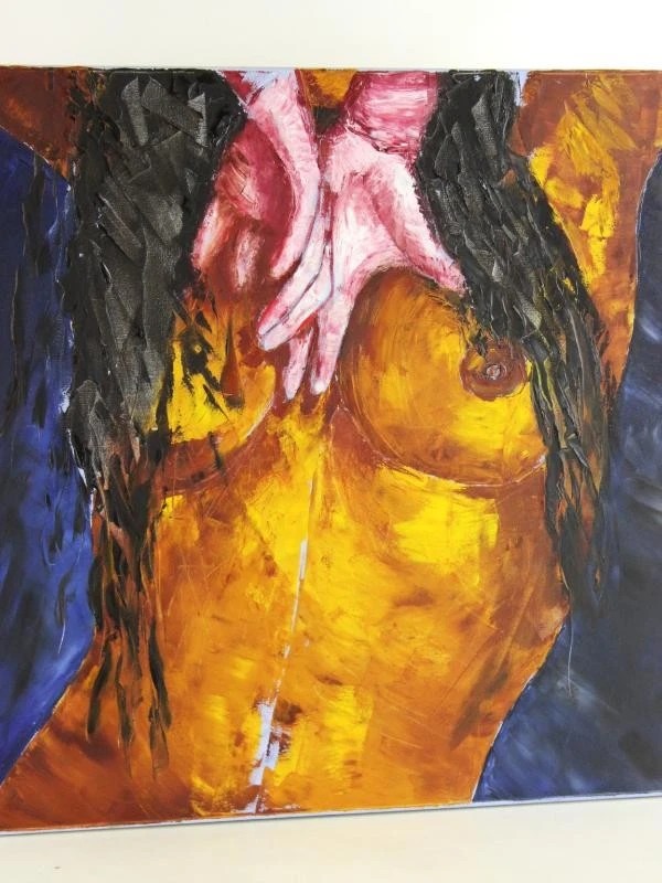 Expresieve goudkleurige vrouwentorso en handen in pasteuse techniek gesigneerd HUB Acryl op canvas