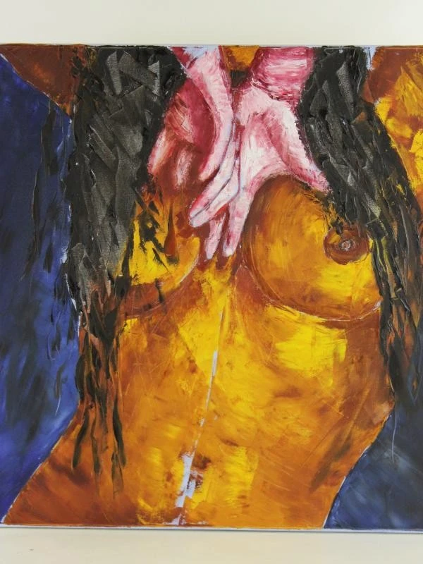 Expresieve goudkleurige vrouwentorso en handen in pasteuse techniek gesigneerd HUB Acryl op canvas