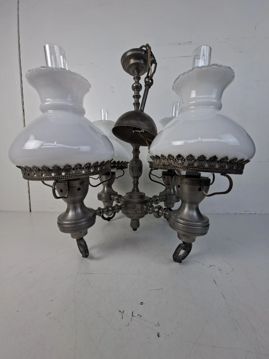 Prachtige Antieke Stijl Hanglamp / Kroonluchter met Opaalglazen Kappen - foto 5