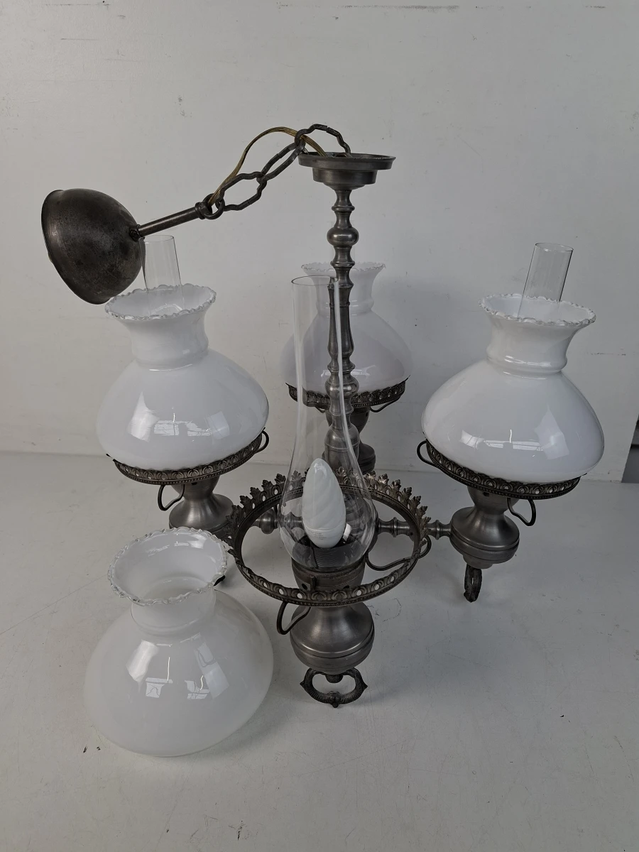 Prachtige Antieke Stijl Hanglamp / Kroonluchter met Opaalglazen Kappen - foto 3