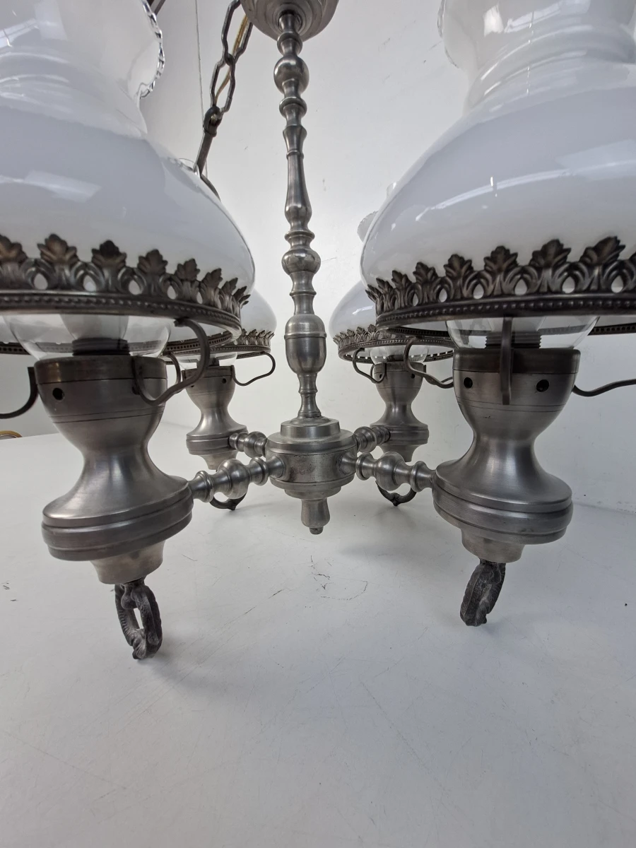 Prachtige Antieke Stijl Hanglamp / Kroonluchter met Opaalglazen Kappen - foto 4