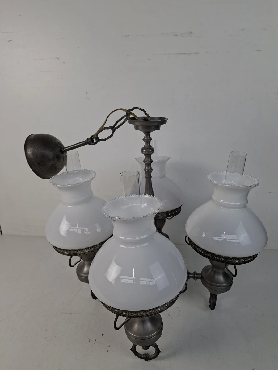 Prachtige Antieke Stijl Hanglamp / Kroonluchter met Opaalglazen Kappen - foto 2