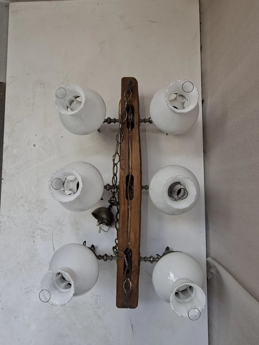 Grote Rustieke Antieke Stijl Hanglamp – 6-Lichts Petroleummodel op Robuuste Houten Balk - foto 2