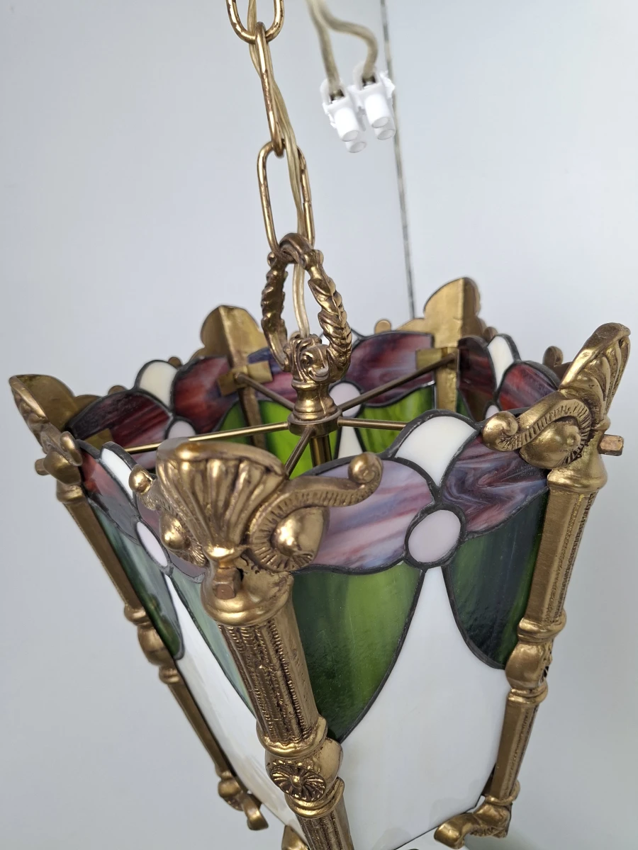Exclusieve Vintage Tiffany Stijl Lantaarn Hanglamp – Glas-in-Lood met Bronzen Frame - foto 3