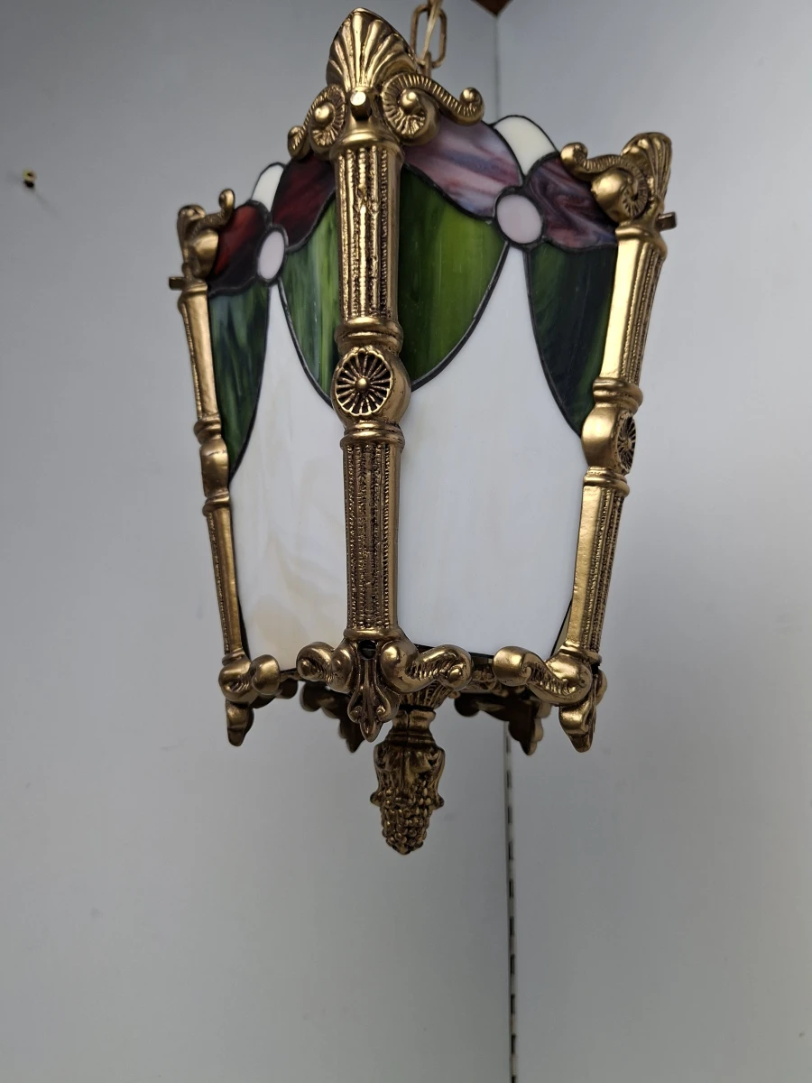 Exclusieve Vintage Tiffany Stijl Lantaarn Hanglamp – Glas-in-Lood met Bronzen Frame - foto 2