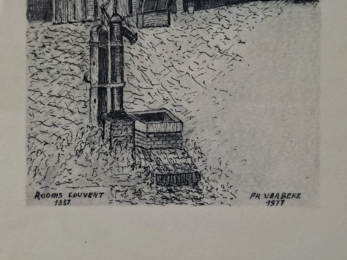 Originele Oost-Indische Inkttekening: "'t Rooms Couvent" te Brugge door François Verbeke (1977) - foto 2