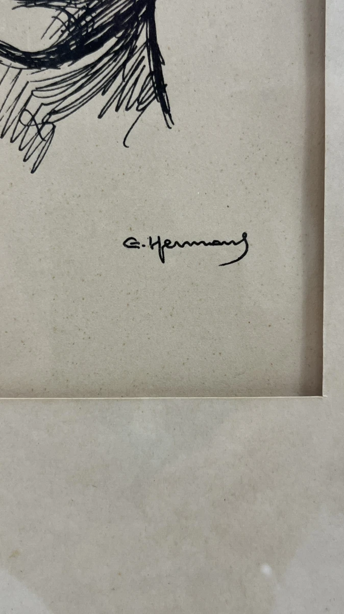 Portrettekening inkt vrouw C. Hermans ingelijst vintage kunstwerk - foto 3
