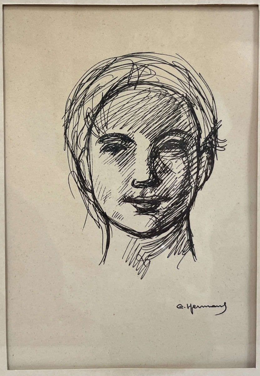 Portrettekening inkt vrouw C. Hermans ingelijst vintage kunstwerk - foto 2