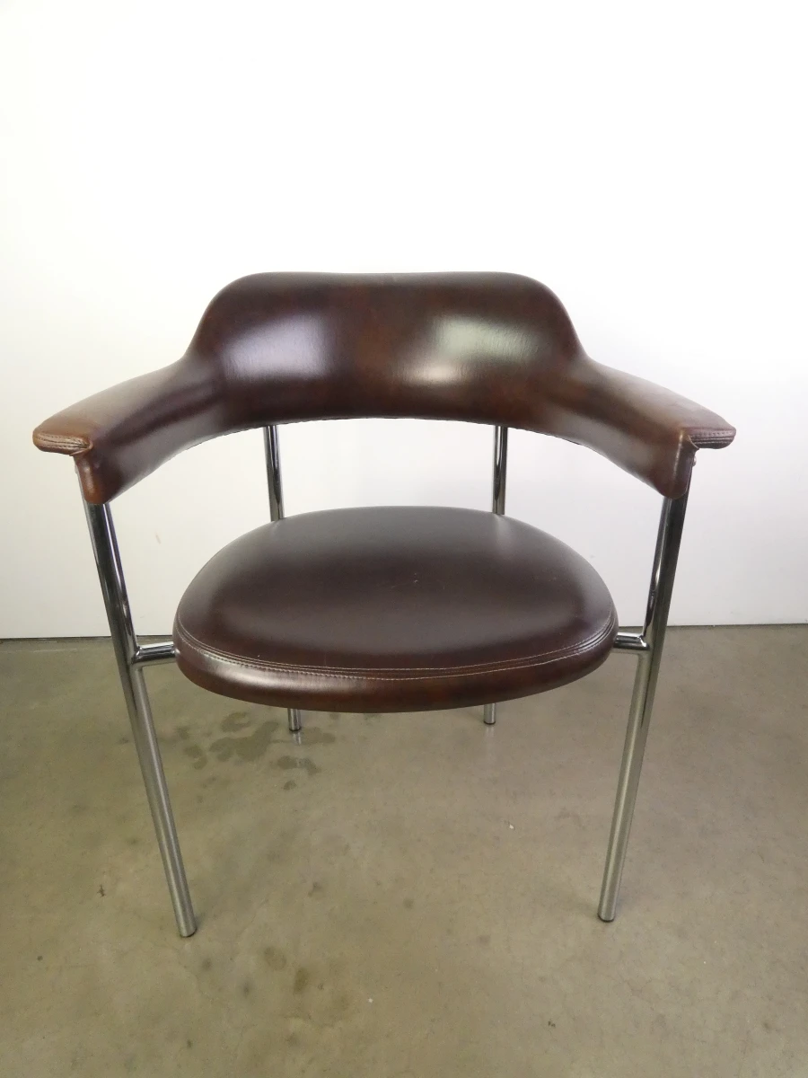 Set van 3 vintage design eetkamerstoelen – verchroomd buisframe met donkerbruine bekleding - foto 2