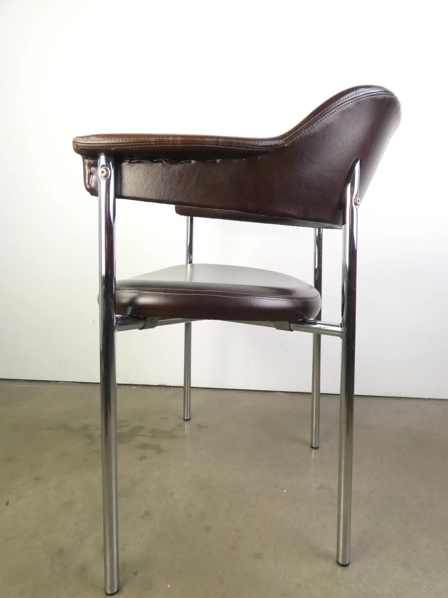 Set van 3 vintage design eetkamerstoelen – verchroomd buisframe met donkerbruine bekleding - foto 3