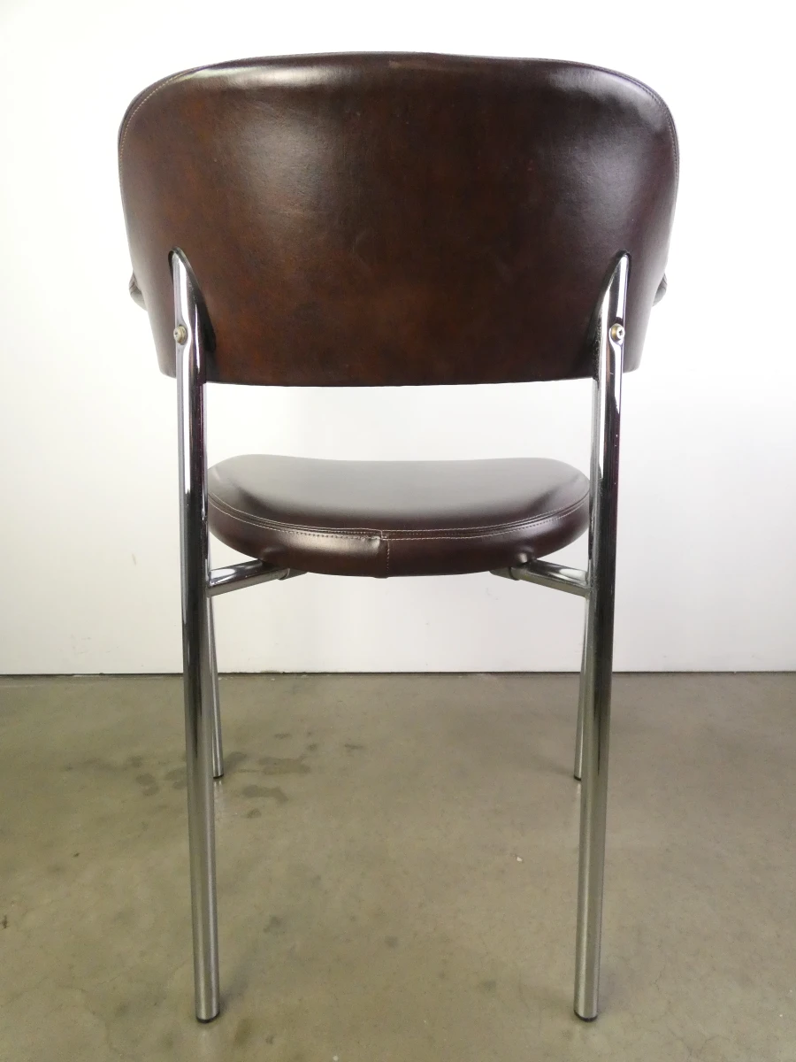Set van 3 vintage design eetkamerstoelen – verchroomd buisframe met donkerbruine bekleding - foto 4