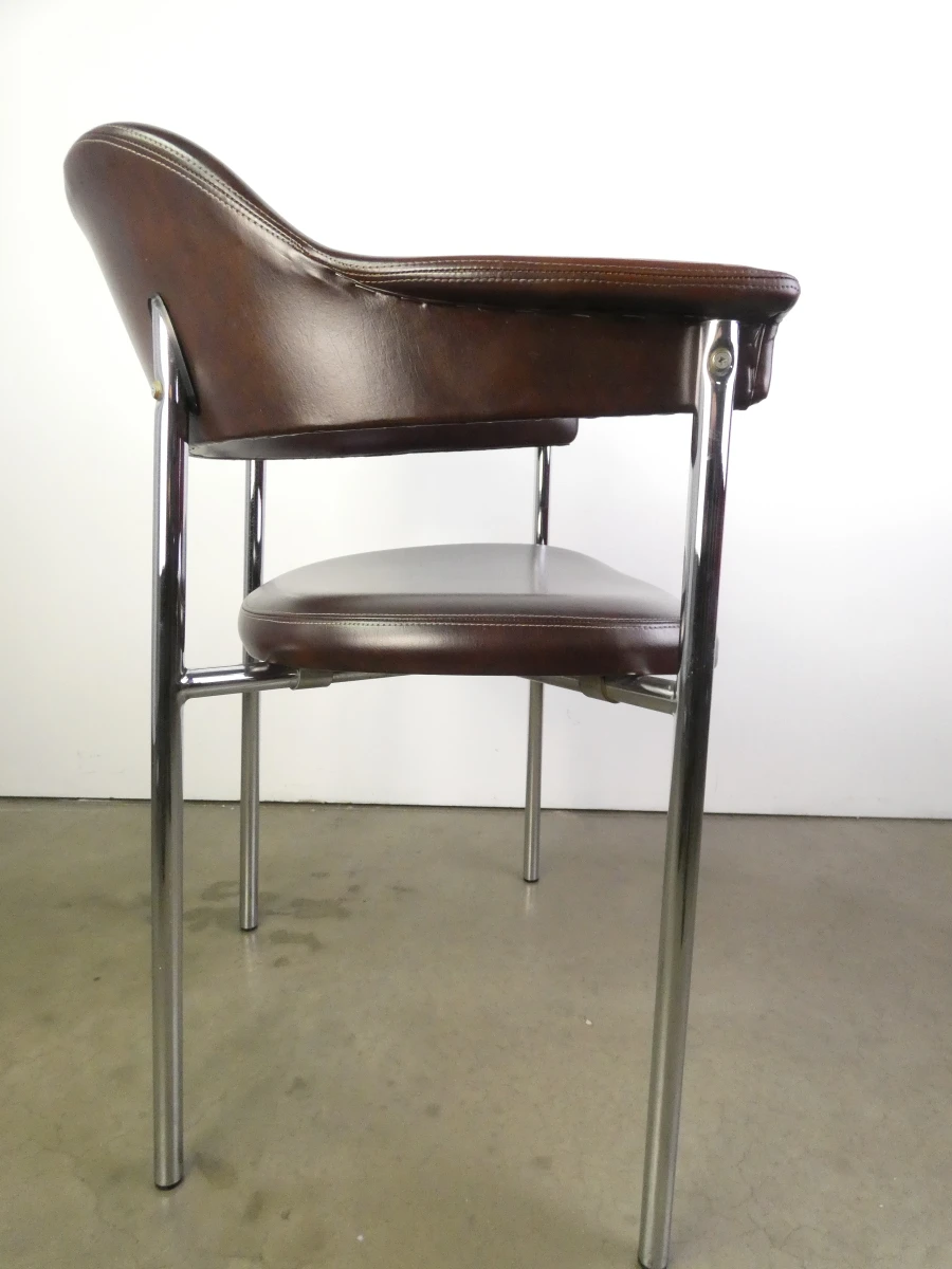 Set van 3 vintage design eetkamerstoelen – verchroomd buisframe met donkerbruine bekleding - foto 5