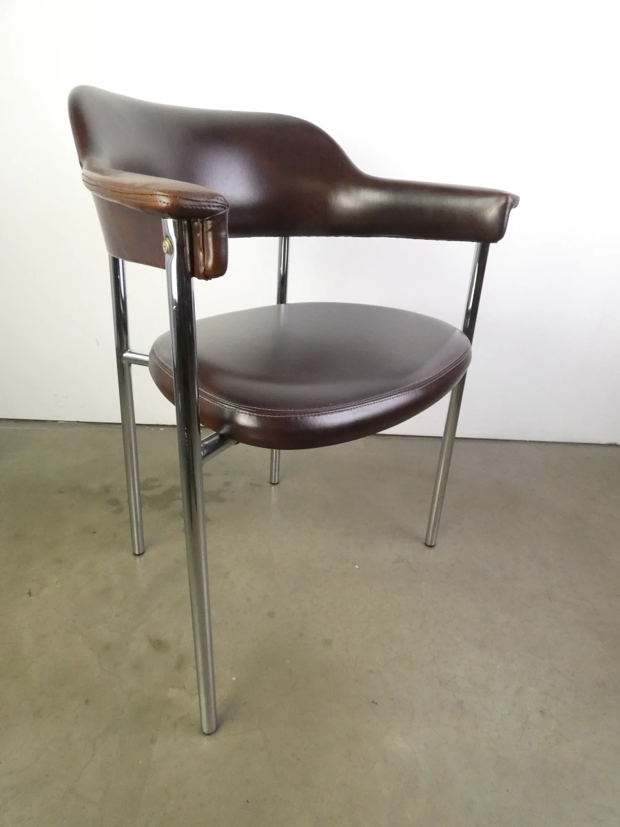 Set van 3 vintage design eetkamerstoelen – verchroomd buisframe met donkerbruine bekleding - foto 6