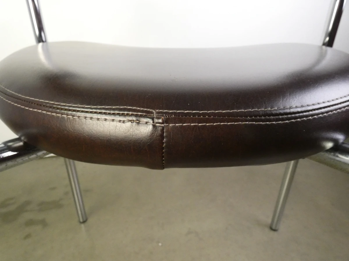 Set van 3 vintage design eetkamerstoelen – verchroomd buisframe met donkerbruine bekleding - foto 9