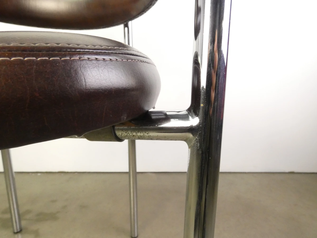 Set van 3 vintage design eetkamerstoelen – verchroomd buisframe met donkerbruine bekleding - foto 12