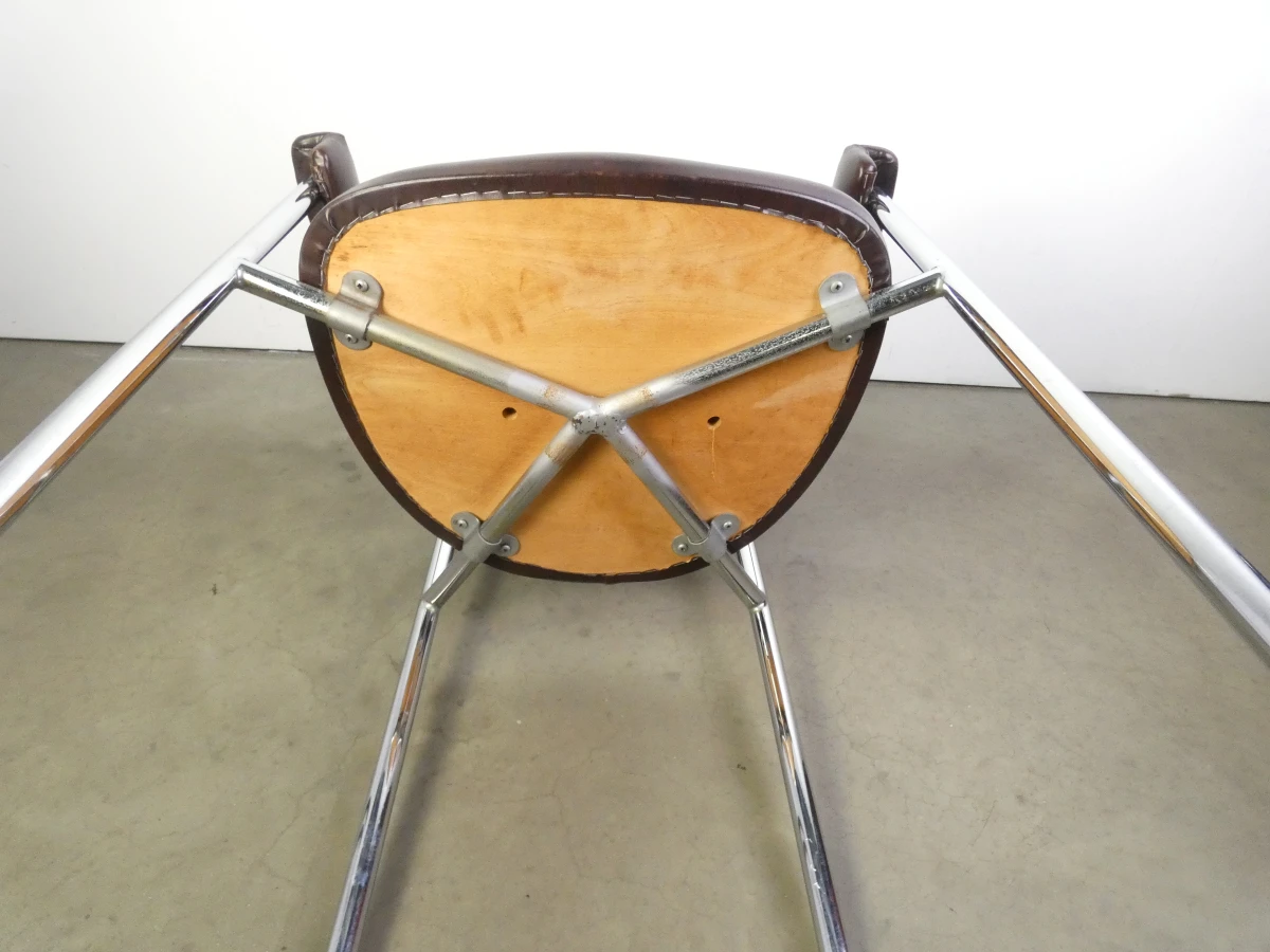 Set van 3 vintage design eetkamerstoelen – verchroomd buisframe met donkerbruine bekleding - foto 13