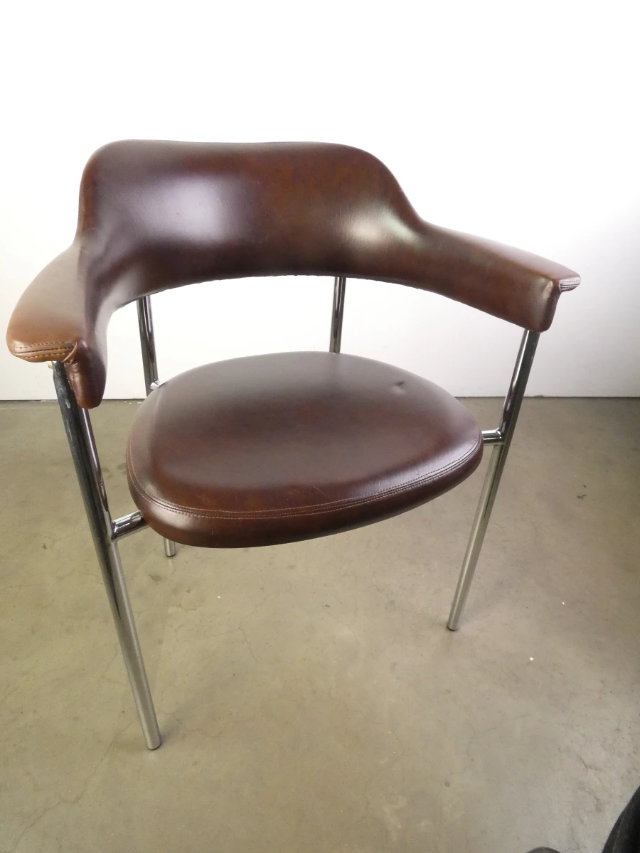 Set van 3 vintage design eetkamerstoelen – verchroomd buisframe met donkerbruine bekleding - foto 18