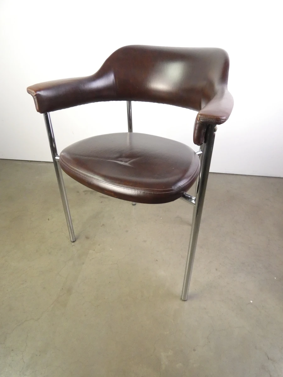 Set van 3 vintage design eetkamerstoelen – verchroomd buisframe met donkerbruine bekleding - foto 23