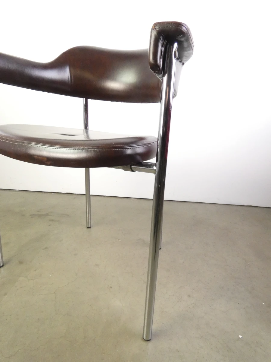 Set van 3 vintage design eetkamerstoelen – verchroomd buisframe met donkerbruine bekleding - foto 25