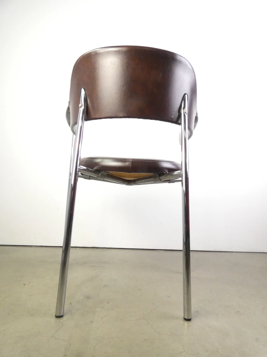 Set van 3 vintage design eetkamerstoelen – verchroomd buisframe met donkerbruine bekleding - foto 29