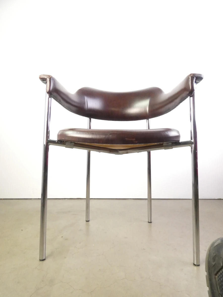 Set van 3 vintage design eetkamerstoelen – verchroomd buisframe met donkerbruine bekleding - foto 31