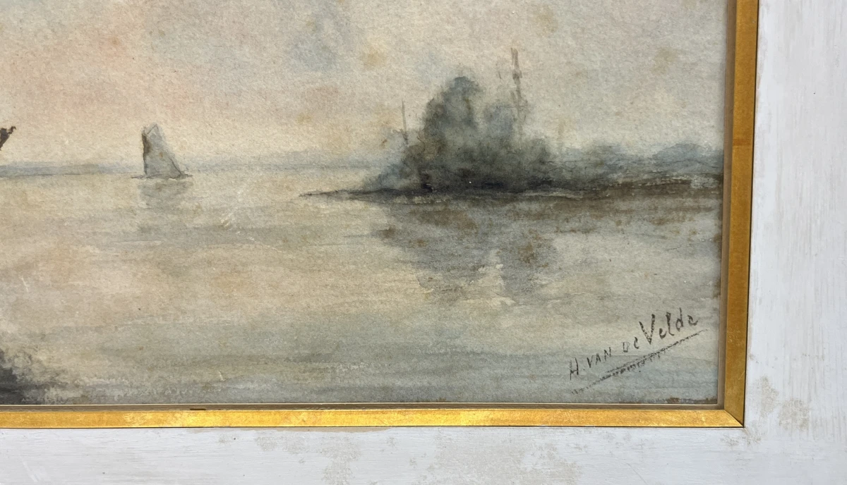 Aquarel H. van de Velde maritiem gezicht met zeilboot in kader - foto 2