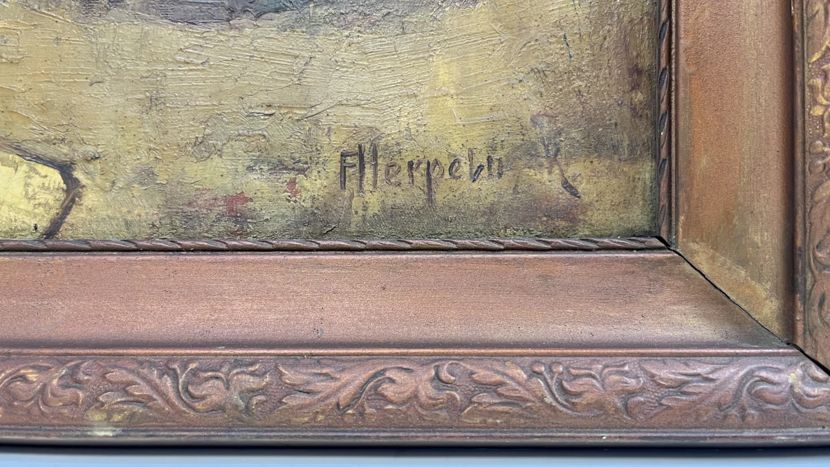 Schilderij F. Herpelinck stilleven met flacon en fruit in bewerkte kader - foto 2