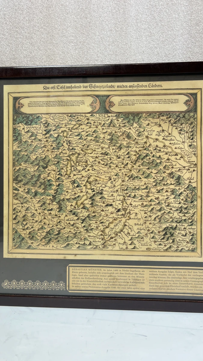 Landkaart Sebastian Münster Rheinstrom triptiek panorama in kader - foto 4