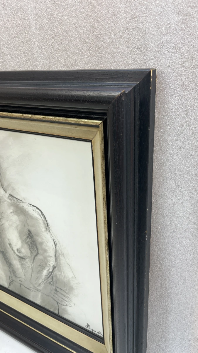 Tekening Huguette vrouwelijk naakt houtskool in kader - foto 3