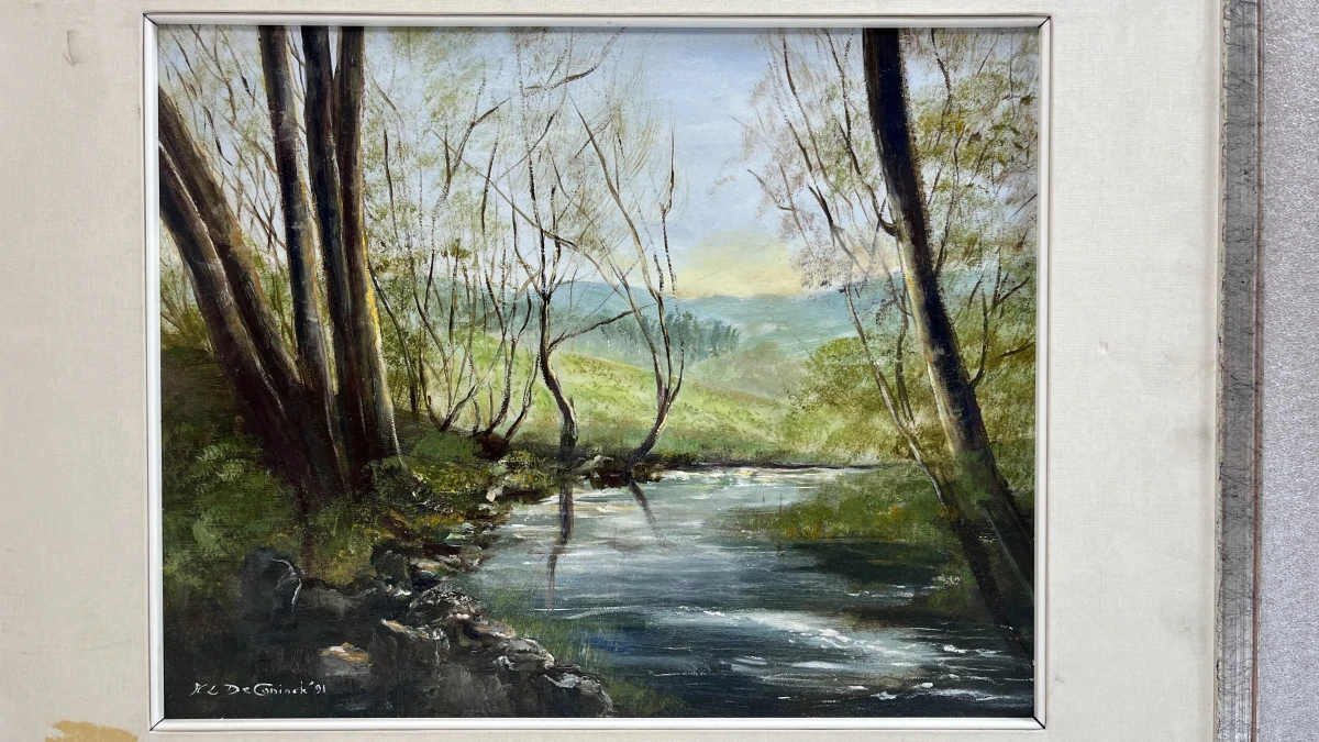 Olieverfschilderij M.L. De Coninck rivierlandschap in houten lijst met passe-partout (1991) - foto 3