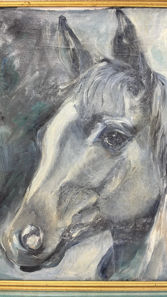 Olieverfschilderij paardenhoofd E. Doye portret in groen gouden lijst - foto 2