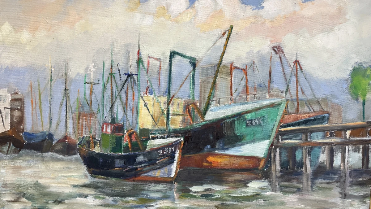Olieverfschilderij A. Peere vissershaven Zeebrugge in zwart-gouden lijst - foto 2