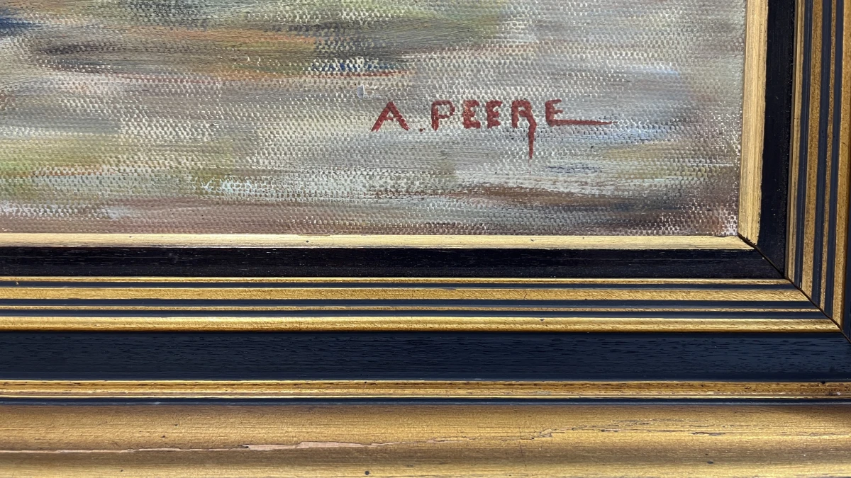 Olieverfschilderij A. Peere vissershaven Zeebrugge in zwart-gouden lijst - foto 3