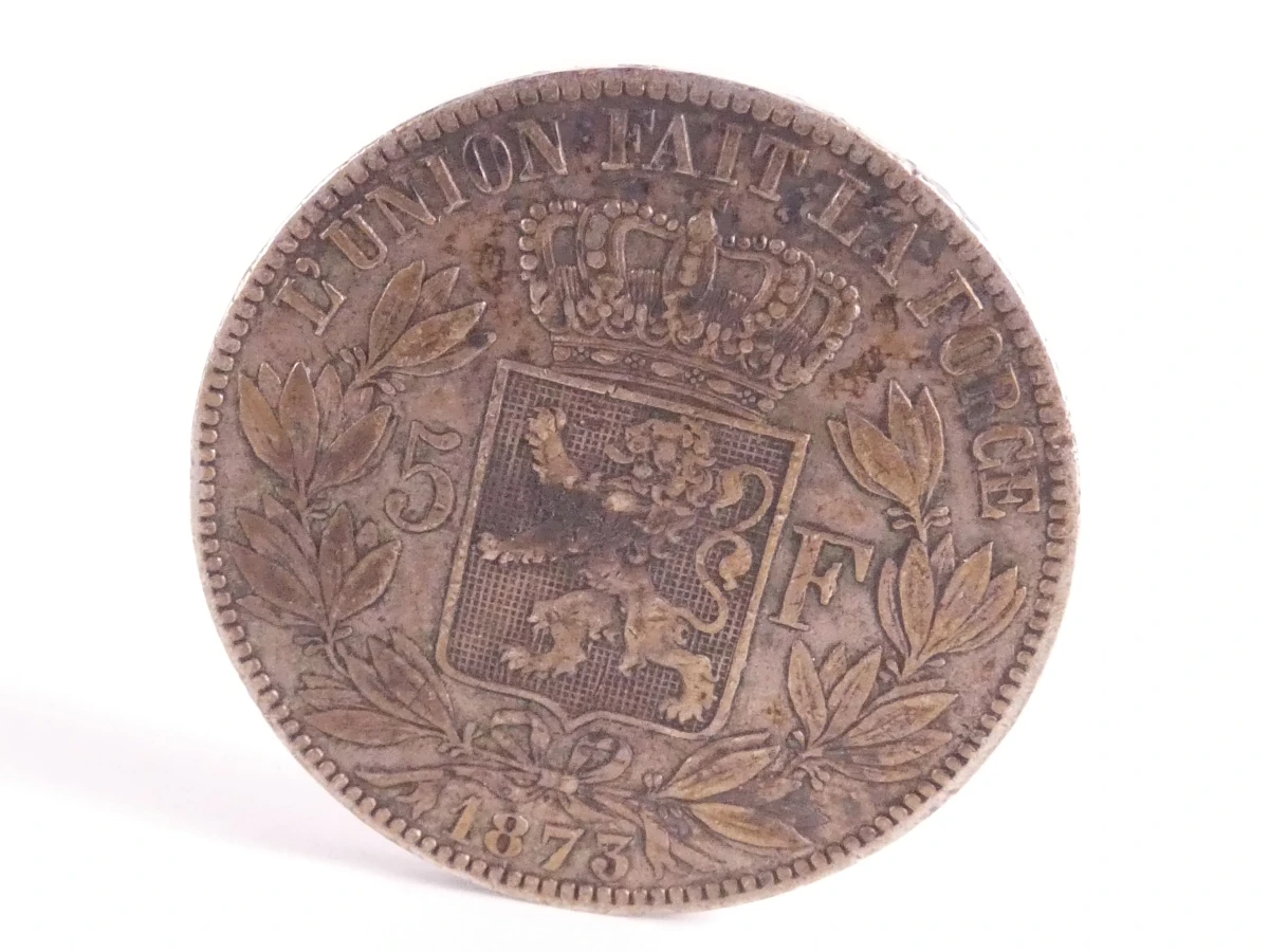 Twee Belgische zilveren munt 5 frank -1873 - foto 2