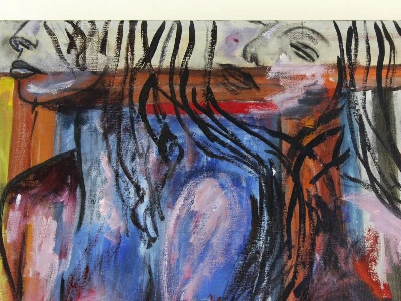 Erotisch portret van twee knielende dames acryl op canvas gesigneerd HUB - foto 3