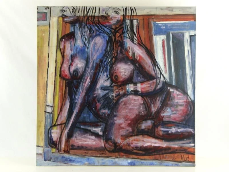 Erotisch portret van twee knielende dames acryl op canvas gesigneerd HUB - foto 1