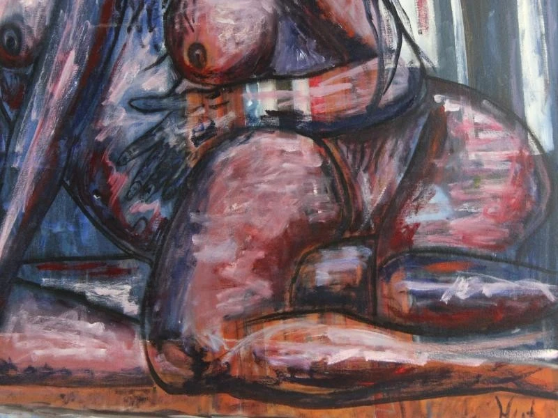 Erotisch portret van twee knielende dames acryl op canvas gesigneerd HUB - foto 6