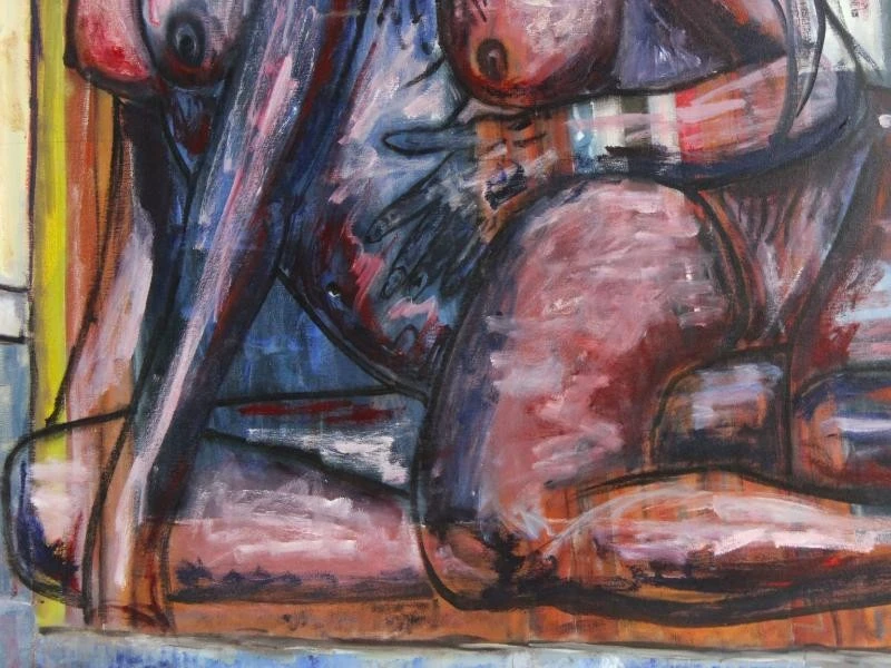 Erotisch portret van twee knielende dames acryl op canvas gesigneerd HUB - foto 5