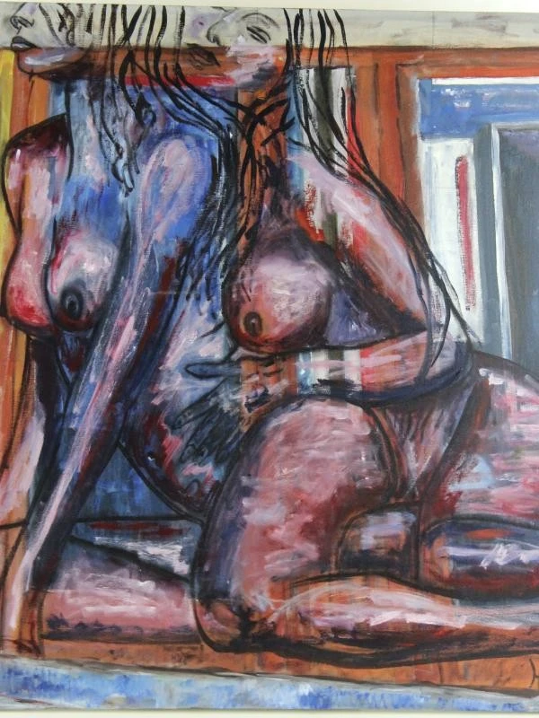 Erotisch portret van twee knielende dames acryl op canvas gesigneerd HUB - foto 2