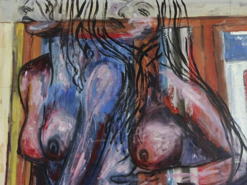 Erotisch portret van twee knielende dames acryl op canvas gesigneerd HUB - foto 4