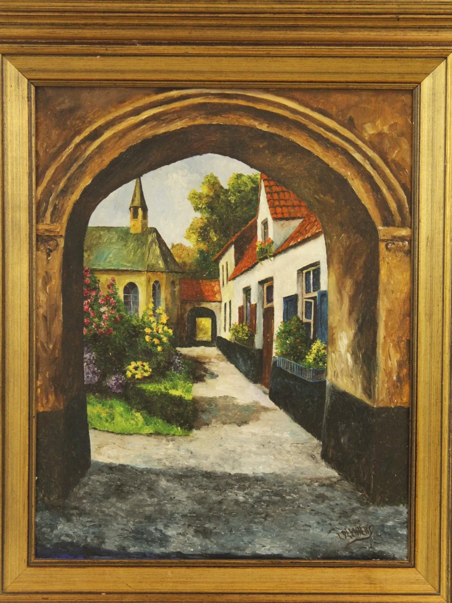 L. Plehiers – Olieverfschilderij van een dorpsgezicht met boogpoort - foto 2