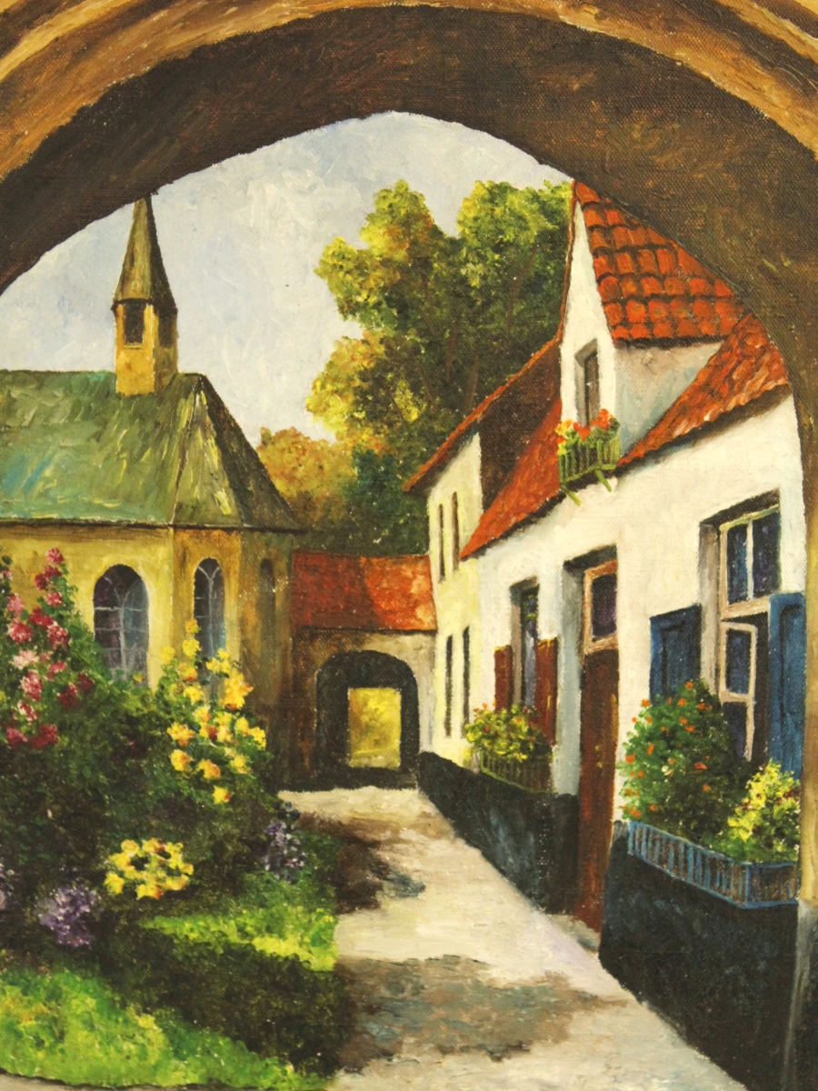L. Plehiers – Olieverfschilderij van een dorpsgezicht met boogpoort - foto 3
