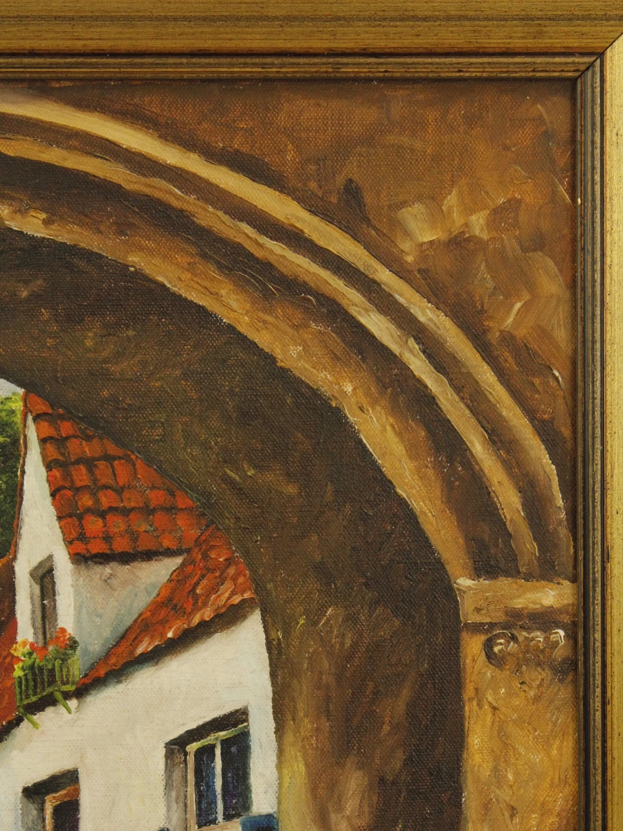L. Plehiers – Olieverfschilderij van een dorpsgezicht met boogpoort - foto 4