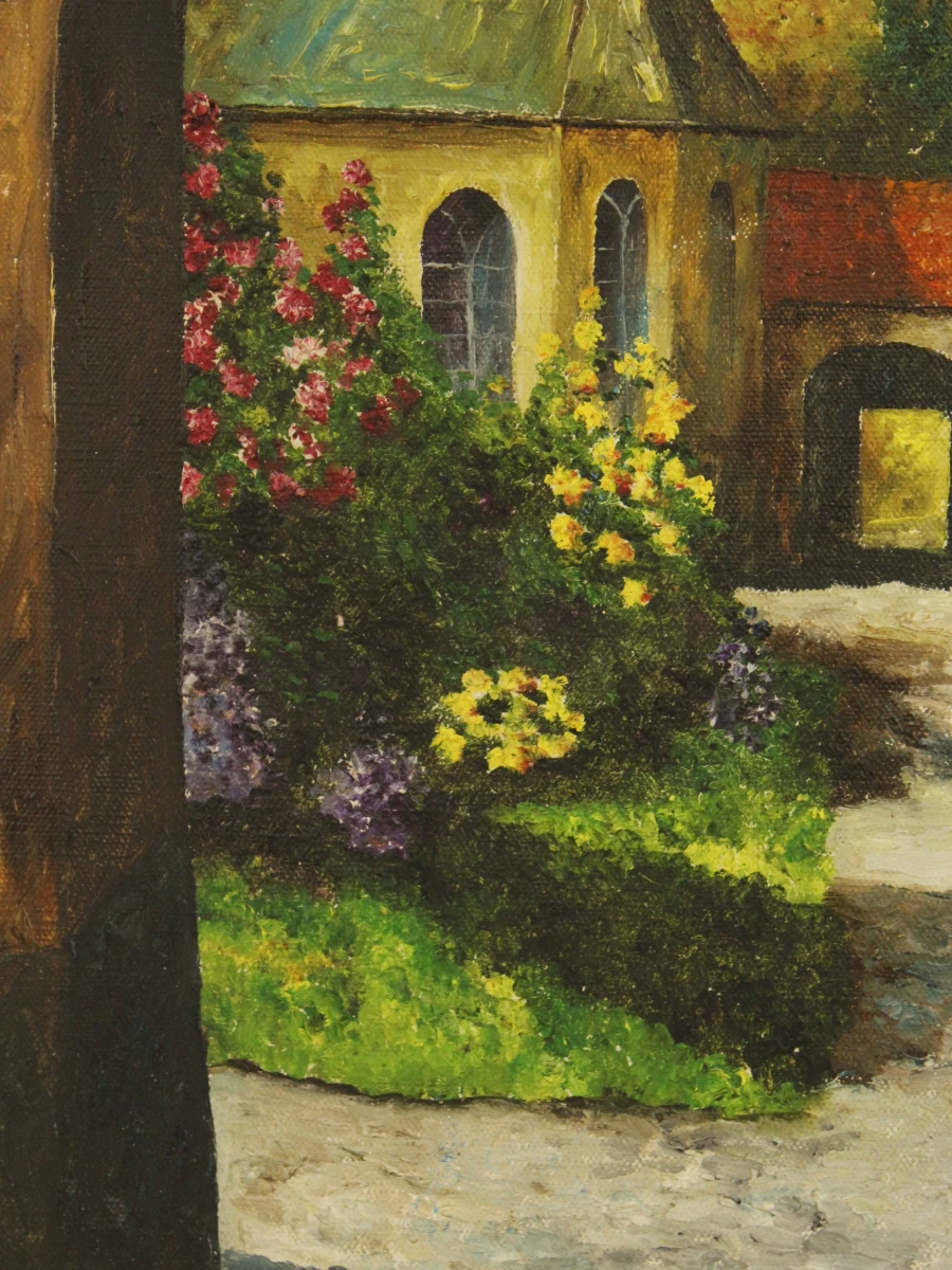 L. Plehiers – Olieverfschilderij van een dorpsgezicht met boogpoort - foto 5