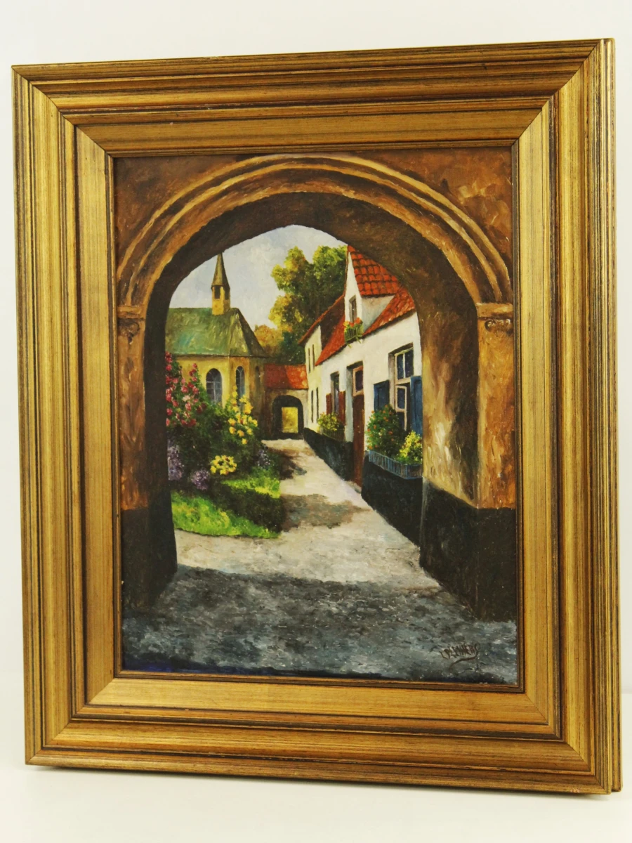 L. Plehiers – Olieverfschilderij van een dorpsgezicht met boogpoort - foto 7