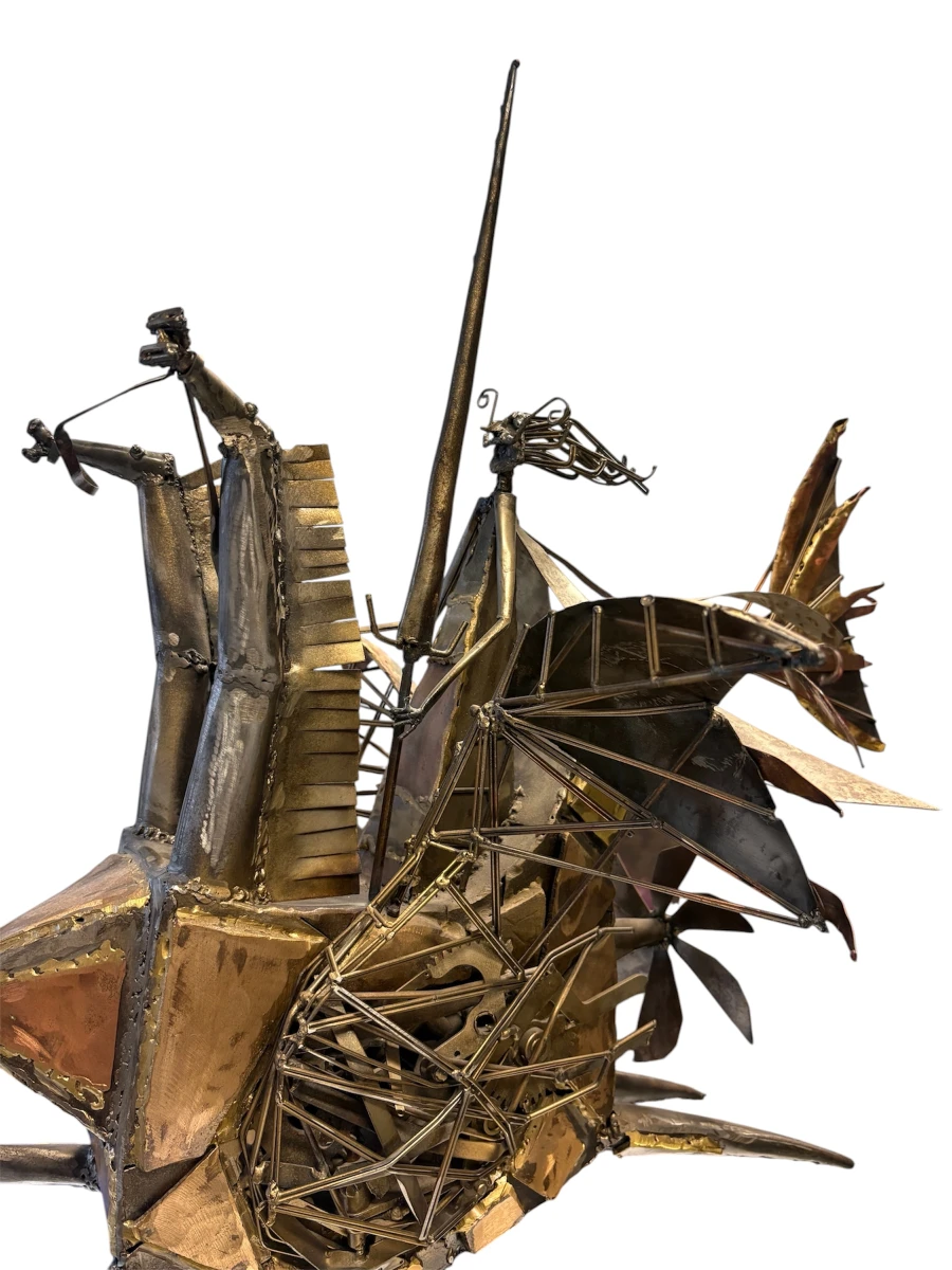 Brutalistisch metalen sculptuur 'Vliegmachine met ridder' (1994) – Lafargue - foto 3