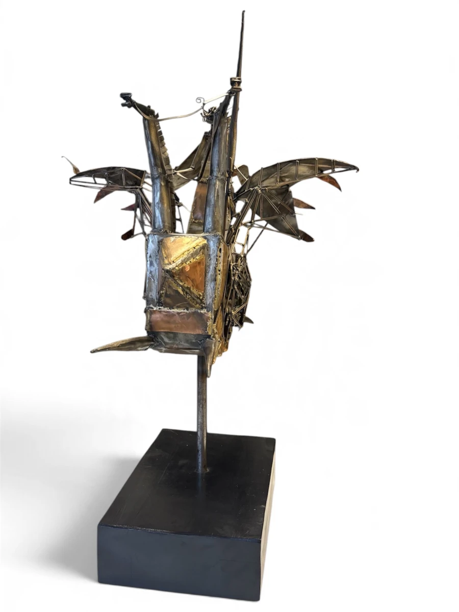 Brutalistisch metalen sculptuur 'Vliegmachine met ridder' (1994) – Lafargue - foto 2