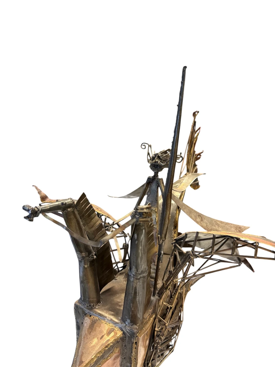 Brutalistisch metalen sculptuur 'Vliegmachine met ridder' (1994) – Lafargue - foto 4