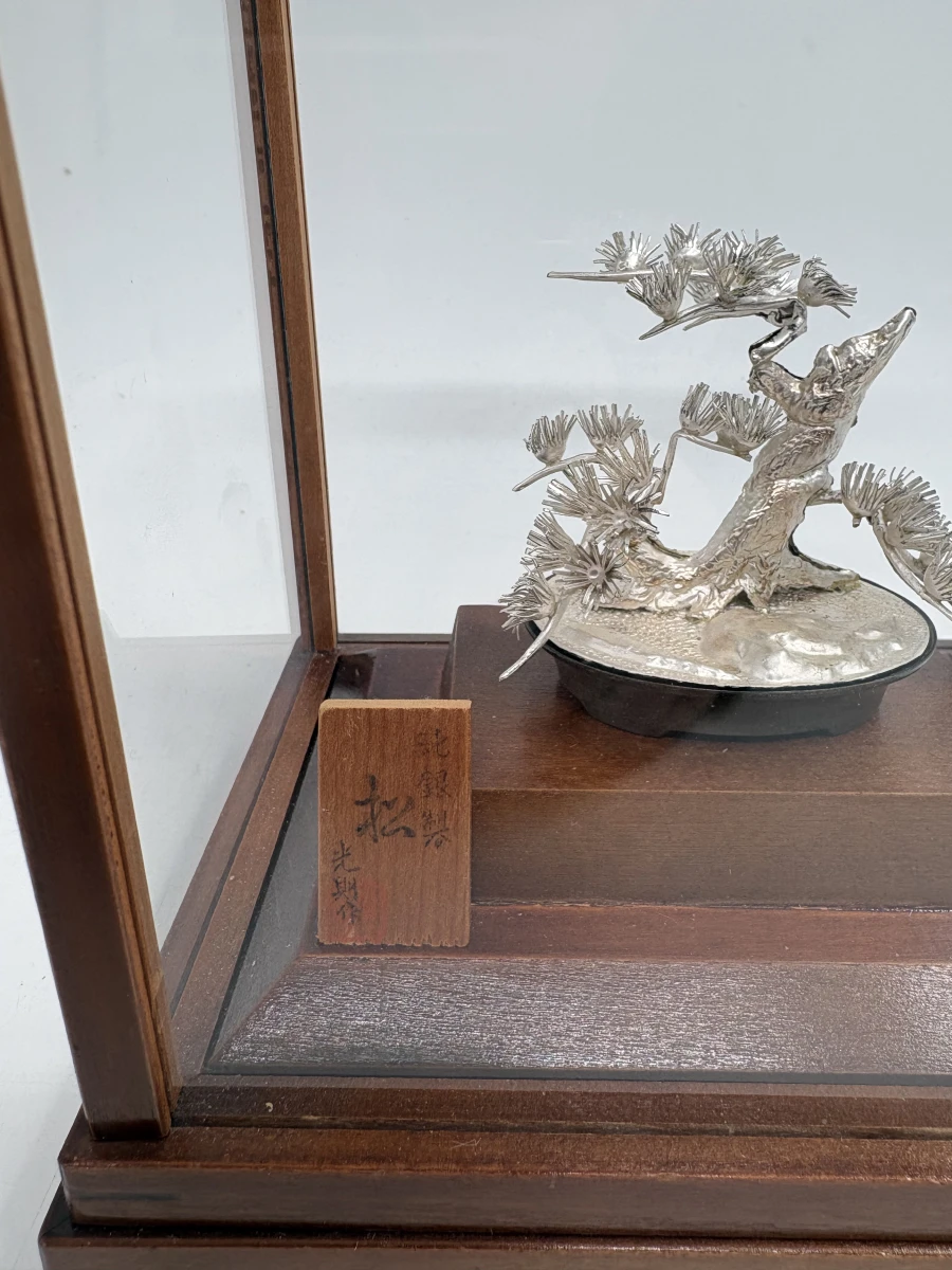 Massief zilveren Bonsai-miniatuur 'Matsu' in vitrine – Seki Takehiko - foto 2
