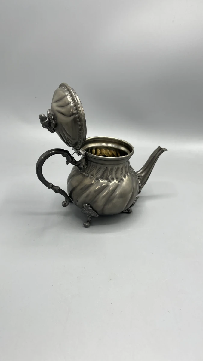 Tinnen koffie- en theeservies neorococo 3-delig met cannelures - foto 2